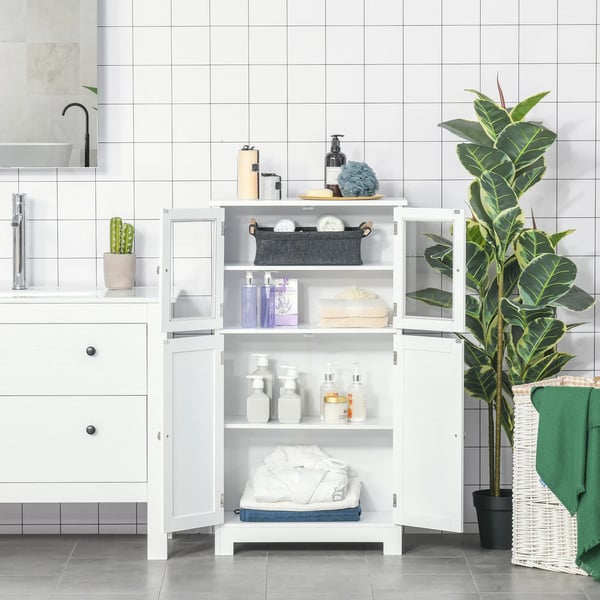Badrumsskåp - Högskåp - Dörrar i härdat glas - MDF - Hylla - 60 x 30 x 108,5 cm - Montering krävs - Vit