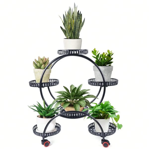 Blomsterstander til krukker - Rund metalstander med hjul - Til altan og have - Hvid