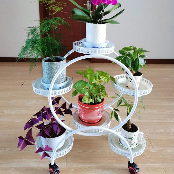 Blomsterstander til krukker - Rund metalstander med hjul - Til altan og have - Hvid