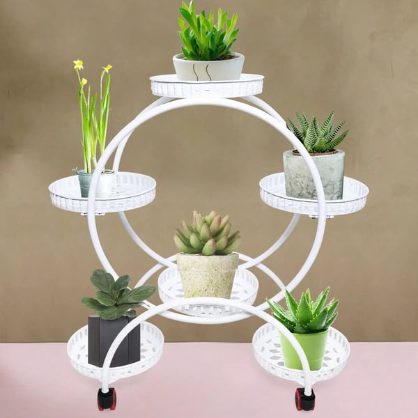 Blomsterstander til krukker - Rund metalstander med hjul - Til altan og have - Hvid