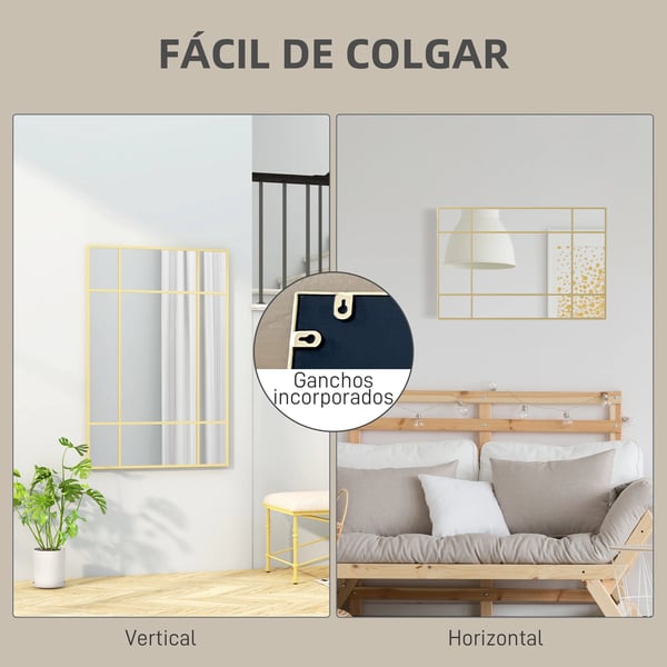 Rektangulär spegel - Väggspegel - Metallram - 90 x 60 cm - 2 cm djup - Guld