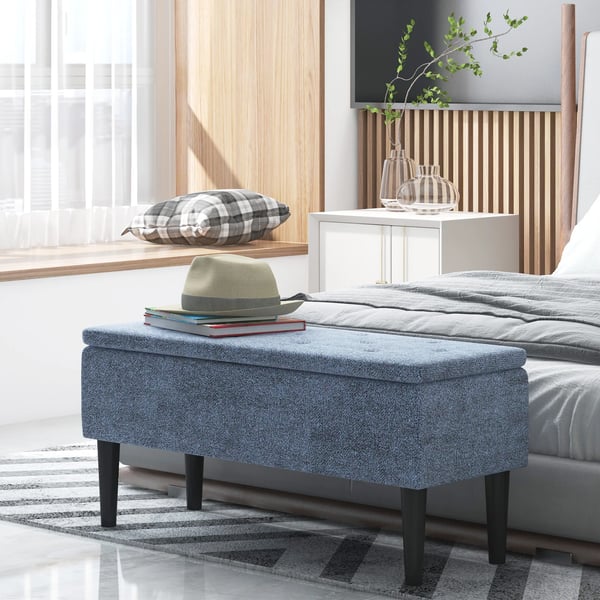 Förvaringsbänk - Sittpuff/ottoman - Fällbart lock - 47 L - 95×38×45 cm - Polyester & gummiträ - Blå