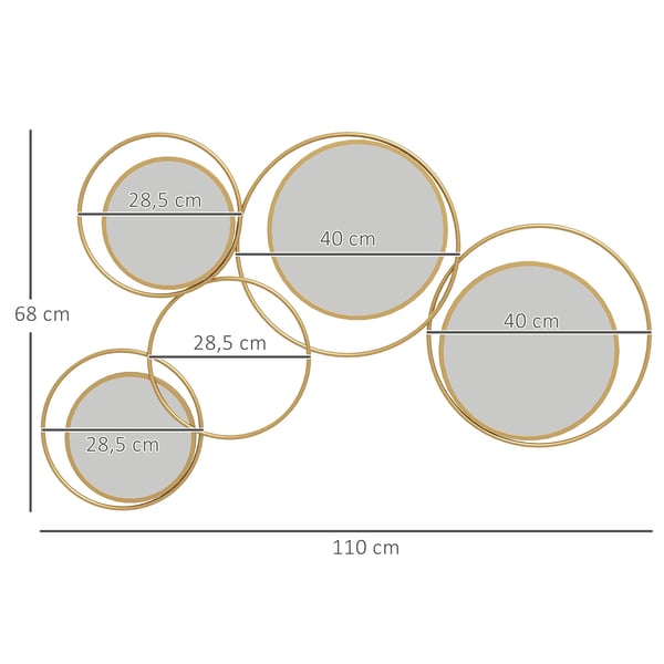 Väggdekoration - Spegelvägg med 4 runda speglar - Storlek 110×68×2 cm - Plast - Modern stil - Klar att hänga - Guld