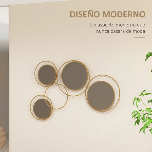 Väggdekoration - Spegelvägg med 4 runda speglar - Storlek 110×68×2 cm - Plast - Modern stil - Klar att hänga - Guld