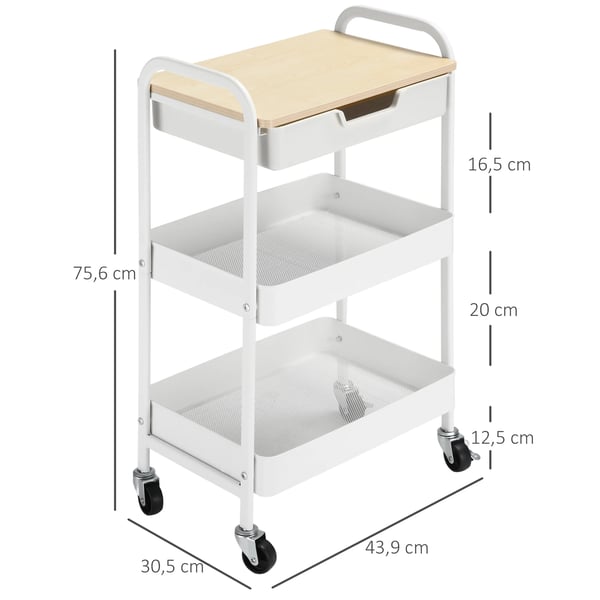 Köksvagn - Serveringsvagn - Med Hjul - Låda & 2 Korgar - Stål/PP/MDF - 43,9 x 30,5 x 75,6 cm - Vit