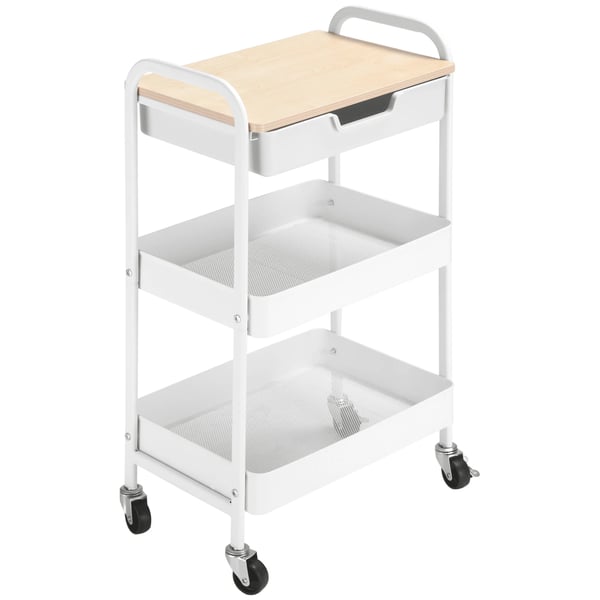 Köksvagn - Serveringsvagn - Med Hjul - Låda & 2 Korgar - Stål/PP/MDF - 43,9 x 30,5 x 75,6 cm - Vit