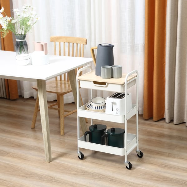 Köksvagn - Serveringsvagn - Med Hjul - Låda & 2 Korgar - Stål/PP/MDF - 43,9 x 30,5 x 75,6 cm - Vit
