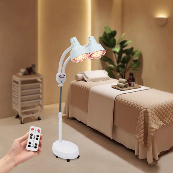 Punavalolamppu (IR), jalustamalli, kaksipäinen, 275 W, 0–115 °C, 4 pyörää, valkoinen, salongille ja kotiin