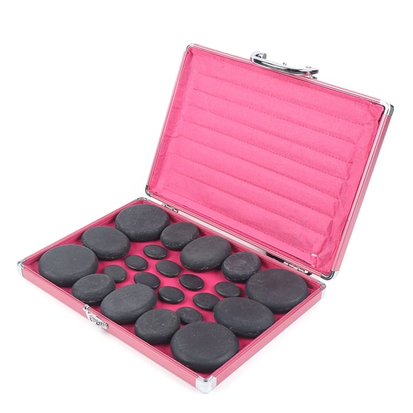Hot stone massagesæt, 20 dele, basaltsten med varmeboks, til varmebehandling & spa, naturlig sort