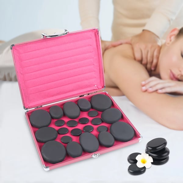 Hot stone massagesæt, 20 dele, basaltsten med varmeboks, til varmebehandling & spa, naturlig sort