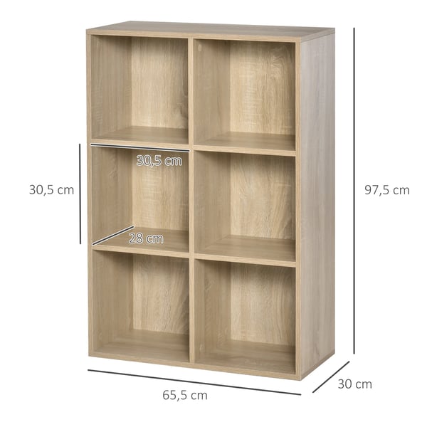 Bokhylla - 3 nivåer - 6 förvaringsfack - 65,5x30x97,5 cm - För vardagsrum/sovrum/kontor - Natur