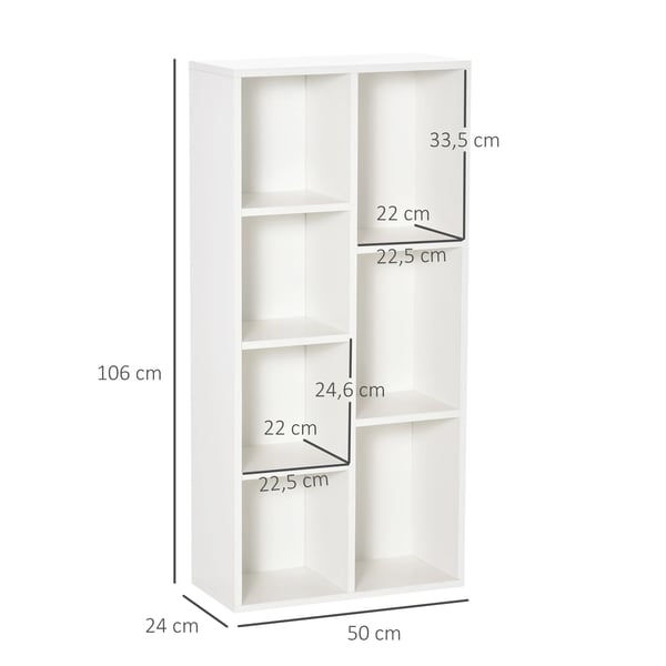 Bokhylla - Hylla - 7 Fack - 50x24x106 cm - För Böcker & Pärmar - För Kontor & Sovrum - Montering Krävs - Vit
