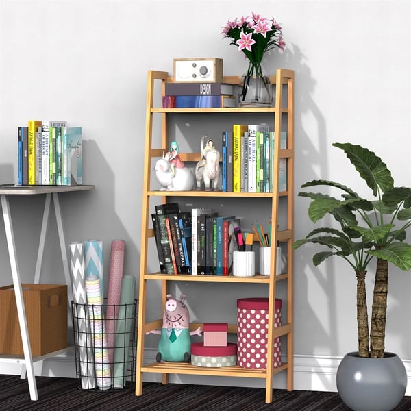 Bambu Hylla - Steghylla - 4 Hyllplan - 48x30x119 cm - För Badrum, Böcker och Skor - Fristående - Beige