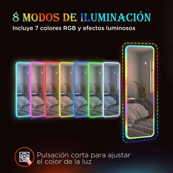 Helkroppsspegel - Sminkspegel - LED-belysning 7 färger - 120x40 cm - Härdat glas - CE-certifierad - Transparent