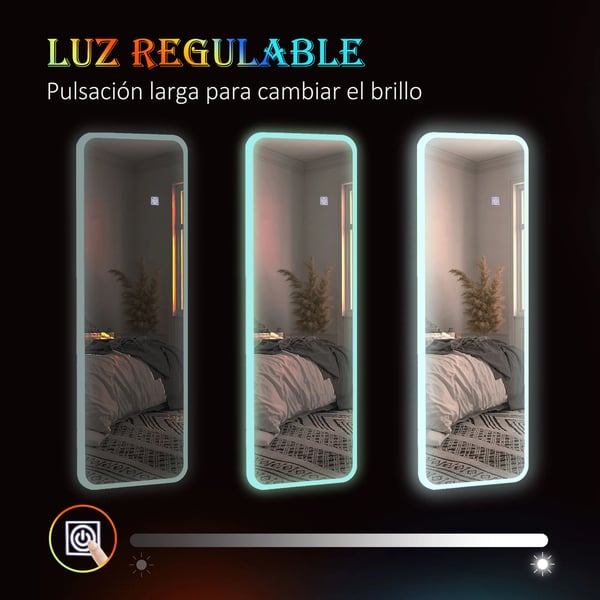 Helkroppsspegel - Sminkspegel - LED-belysning 7 färger - 120x40 cm - Härdat glas - CE-certifierad - Transparent