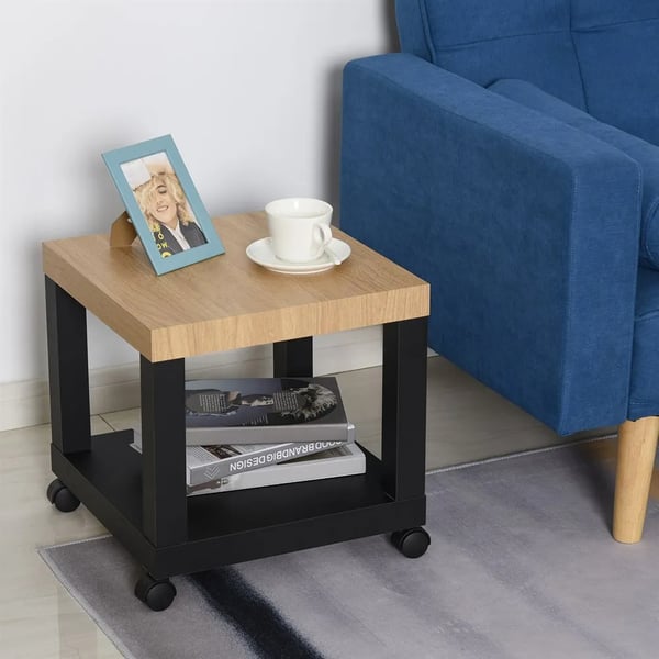 Soffbord / Sidobord - Vardagsrumsbord - Med öppen hylla - På hjul - 40 x 40 x 40 cm - Svart och trä