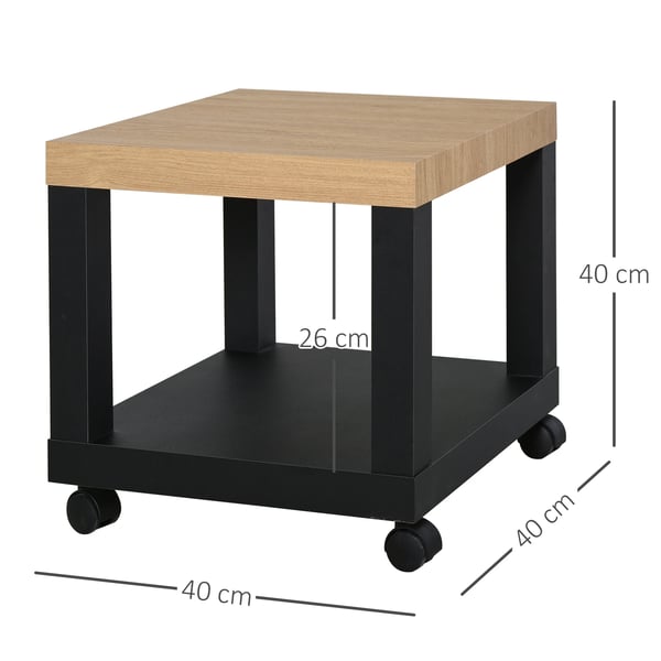 Soffbord / Sidobord - Vardagsrumsbord - Med öppen hylla - På hjul - 40 x 40 x 40 cm - Svart och trä