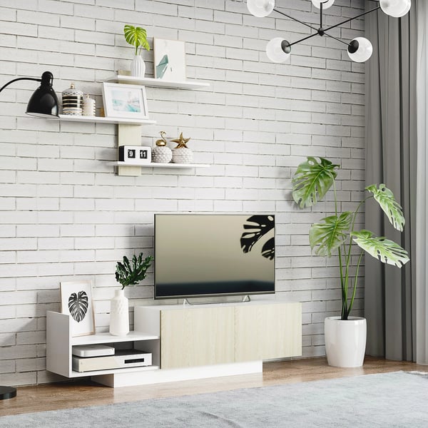 TV-bänk för vardagsrum - TV-stativ - 150×31,5×40 cm - Vägghylla 95,5×16×60 cm - Melaminbelagt trä - Modern stil - Natur