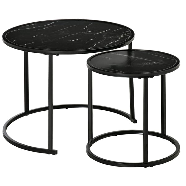 Satsbord - Runda soffbord 2-pack - Staplingsbara - Marmoreffekt-skiva - Stål & MDF - Mått 60×60×46 cm - Svart