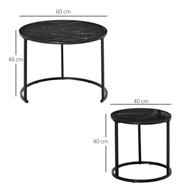 Satsbord - Runda soffbord 2-pack - Staplingsbara - Marmoreffekt-skiva - Stål & MDF - Mått 60×60×46 cm - Svart