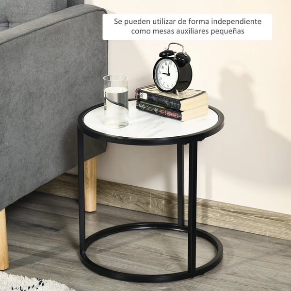 Satsbord - Soffbord 2-pack - Runda - Stapelbara - Marmoreffekt-bordsskiva - Stål & MDF - Ø60 cm, H 46 cm - Vit