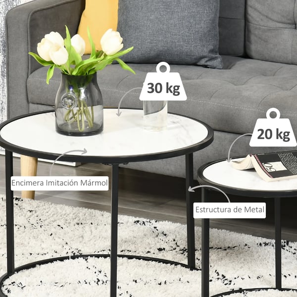 Satsbord - Soffbord 2-pack - Runda - Stapelbara - Marmoreffekt-bordsskiva - Stål & MDF - Ø60 cm, H 46 cm - Vit