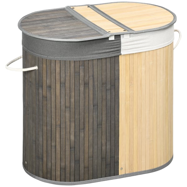Tvättkorg av bambu - 100 L - 2 fack - Med lock - 62,5 x 37 x 60,5 cm - Bomull/Polyester, Metall