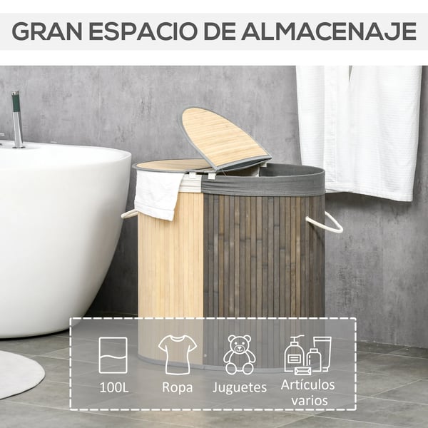 Tvättkorg av bambu - 100 L - 2 fack - Med lock - 62,5 x 37 x 60,5 cm - Bomull/Polyester, Metall
