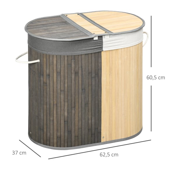 Tvättkorg av bambu - 100 L - 2 fack - Med lock - 62,5 x 37 x 60,5 cm - Bomull/Polyester, Metall