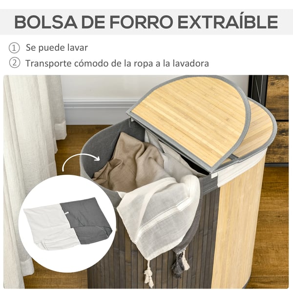 Tvättkorg av bambu - 100 L - 2 fack - Med lock - 62,5 x 37 x 60,5 cm - Bomull/Polyester, Metall