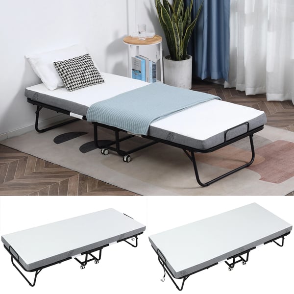Fällsäng - Gästsäng - Hopfällbar - Stålram - Madrass ingår - 200×80×42,5 cm - Vit madrass, svart ram