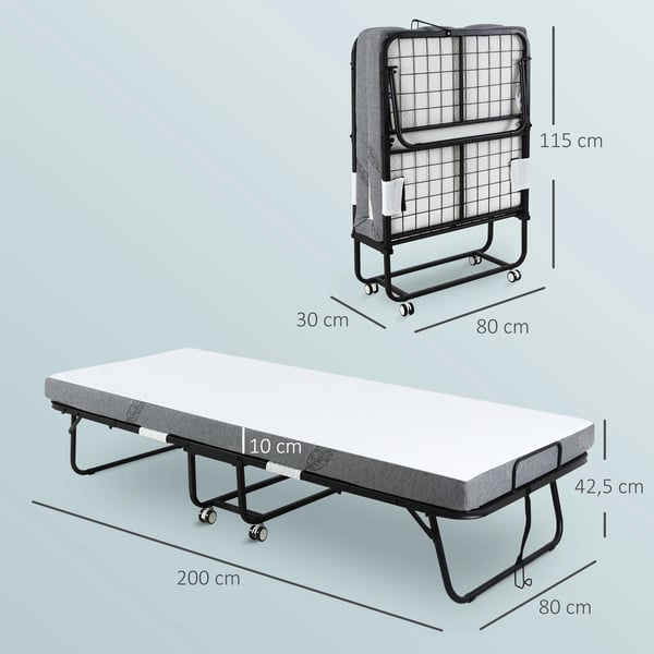 Fällsäng - Gästsäng - Hopfällbar - Stålram - Madrass ingår - 200×80×42,5 cm - Vit madrass, svart ram