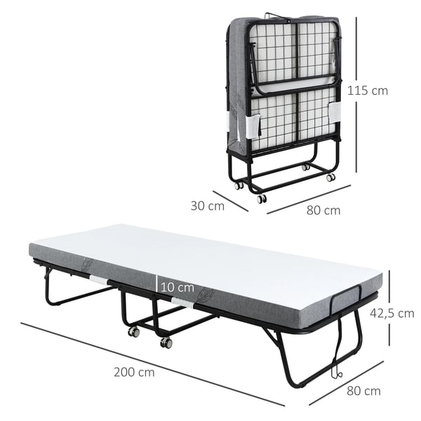 Fällsäng - Gästsäng - Hopfällbar - Stålram - Madrass ingår - 200×80×42,5 cm - Vit madrass, svart ram