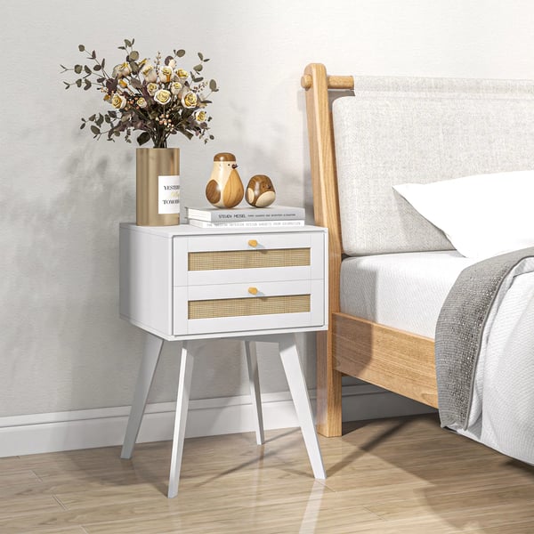 Sängbord - Nattduksbord - 2 Lådor - Rattandetalj - MDF - 40x40x60 cm - Modern Marockansk Stil - Vit