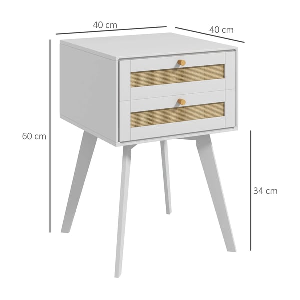 Sängbord - Nattduksbord - 2 Lådor - Rattandetalj - MDF - 40x40x60 cm - Modern Marockansk Stil - Vit