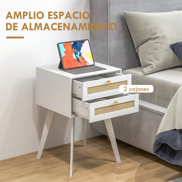 Sängbord - Nattduksbord - 2 Lådor - Rattandetalj - MDF - 40x40x60 cm - Modern Marockansk Stil - Vit