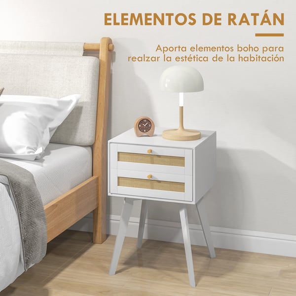 Sängbord - Nattduksbord - 2 Lådor - Rattandetalj - MDF - 40x40x60 cm - Modern Marockansk Stil - Vit