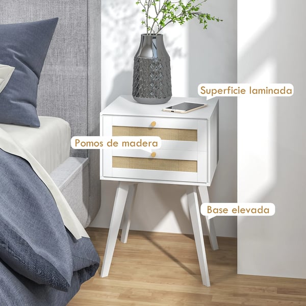 Sängbord - Nattduksbord - 2 Lådor - Rattandetalj - MDF - 40x40x60 cm - Modern Marockansk Stil - Vit