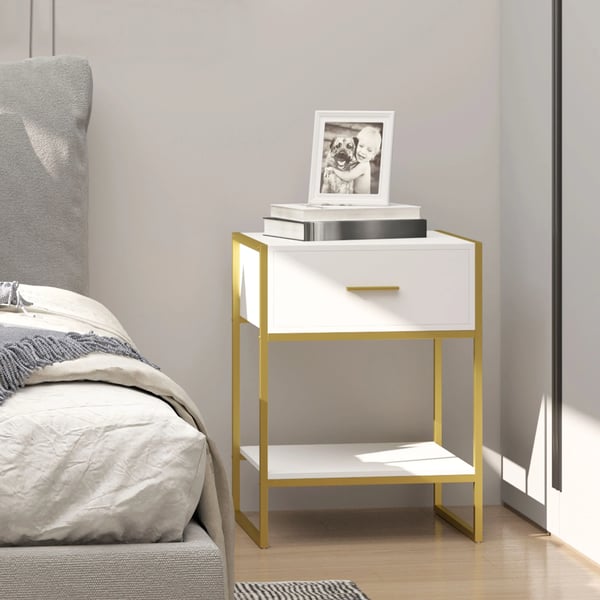 Sängbord - Nattduksbord - 1 Låda - Bottenhylla - 45x40x60 cm - Melaminträ & Stål - Modern marockansk design - Vit