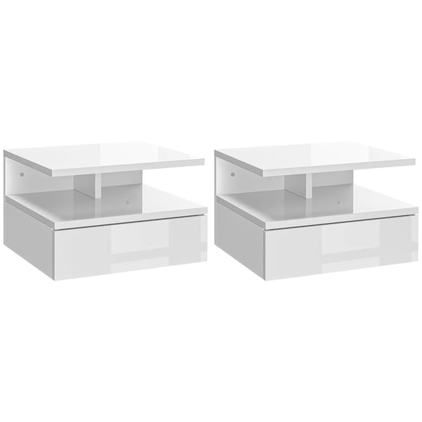 Sängbord - Väggmonterade - 2-pack - 2 lådor - Trä - 35×32×22,5 cm - Vit