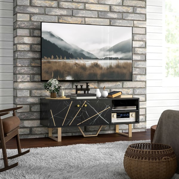 TV-bänk - TV-skåp - 2 Dörrar - Justerbar Hylla - Modern Stil - Svart och Guld