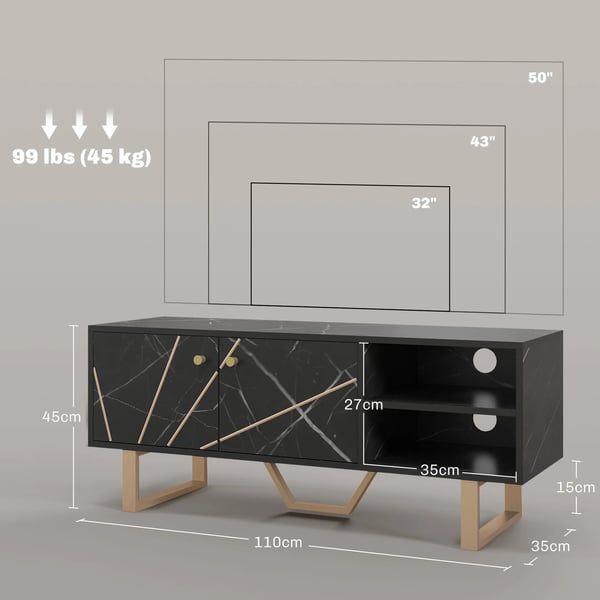 TV-bänk - TV-skåp - 2 Dörrar - Justerbar Hylla - Modern Stil - Svart och Guld