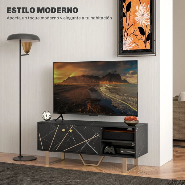 TV-bänk - TV-skåp - 2 Dörrar - Justerbar Hylla - Modern Stil - Svart och Guld