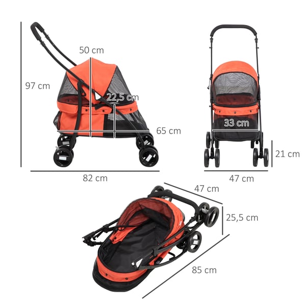 Hundvagn - Hopfällbar Hundvagn - Nätfönster - Tvättbar Dyna - För små hundar - Max 10 kg - Stålram & Oxford - Storlek 82×47×97 cm - Röd