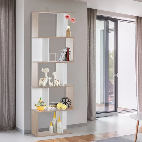 Bokhylla - S-formad fristående - 5 hyllplan - Spånskiva - Öppen förvaring - 60x24x184,5 cm - Modern stil