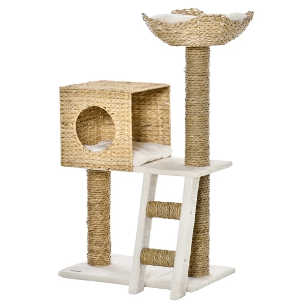 Kattklösträd - Katträd - Höjd 100,5 cm - Koja och toppsäng - 2 nivåer - För medelstora katter - 57×37 cm - Naturträ