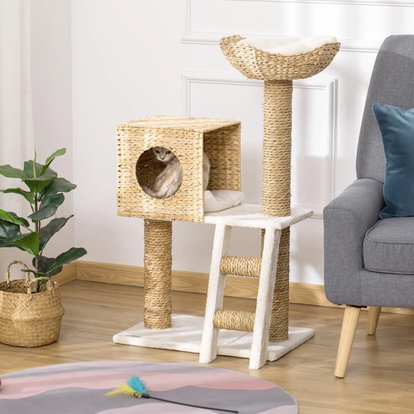 Kattklösträd - Katträd - Höjd 100,5 cm - Koja och toppsäng - 2 nivåer - För medelstora katter - 57×37 cm - Naturträ