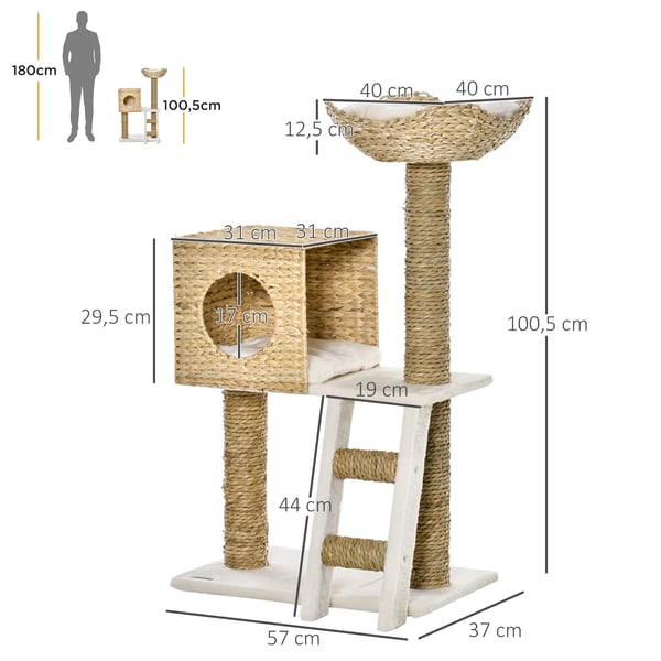 Kattklösträd - Katträd - Höjd 100,5 cm - Koja och toppsäng - 2 nivåer - För medelstora katter - 57×37 cm - Naturträ