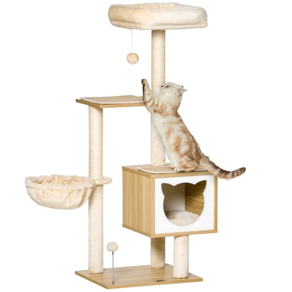 Kattklösträd - Klösmöbel - 126 cm Höjd - 4 Nivåer - Hängmatta & Kattkoja - Sisalstolpar, Plysch - 48x40 cm Bottenplatta - Beige