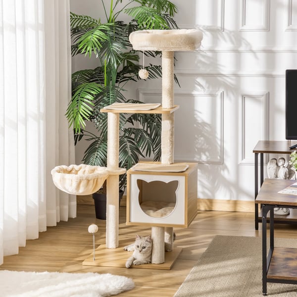 Kattklösträd - Klösmöbel - 126 cm Höjd - 4 Nivåer - Hängmatta & Kattkoja - Sisalstolpar, Plysch - 48x40 cm Bottenplatta - Beige